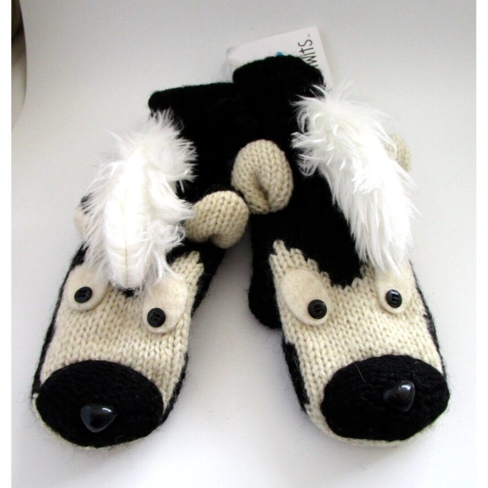 Delux Knitwits A2571 Sarge the Skunk Mittens Youth/Adult Black -Natural Wool NWT